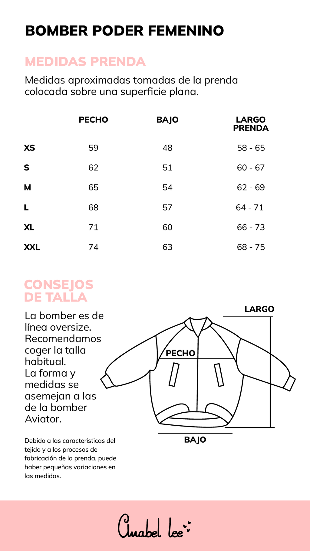 Guía de tallas BOMBER PODER FEMENINO